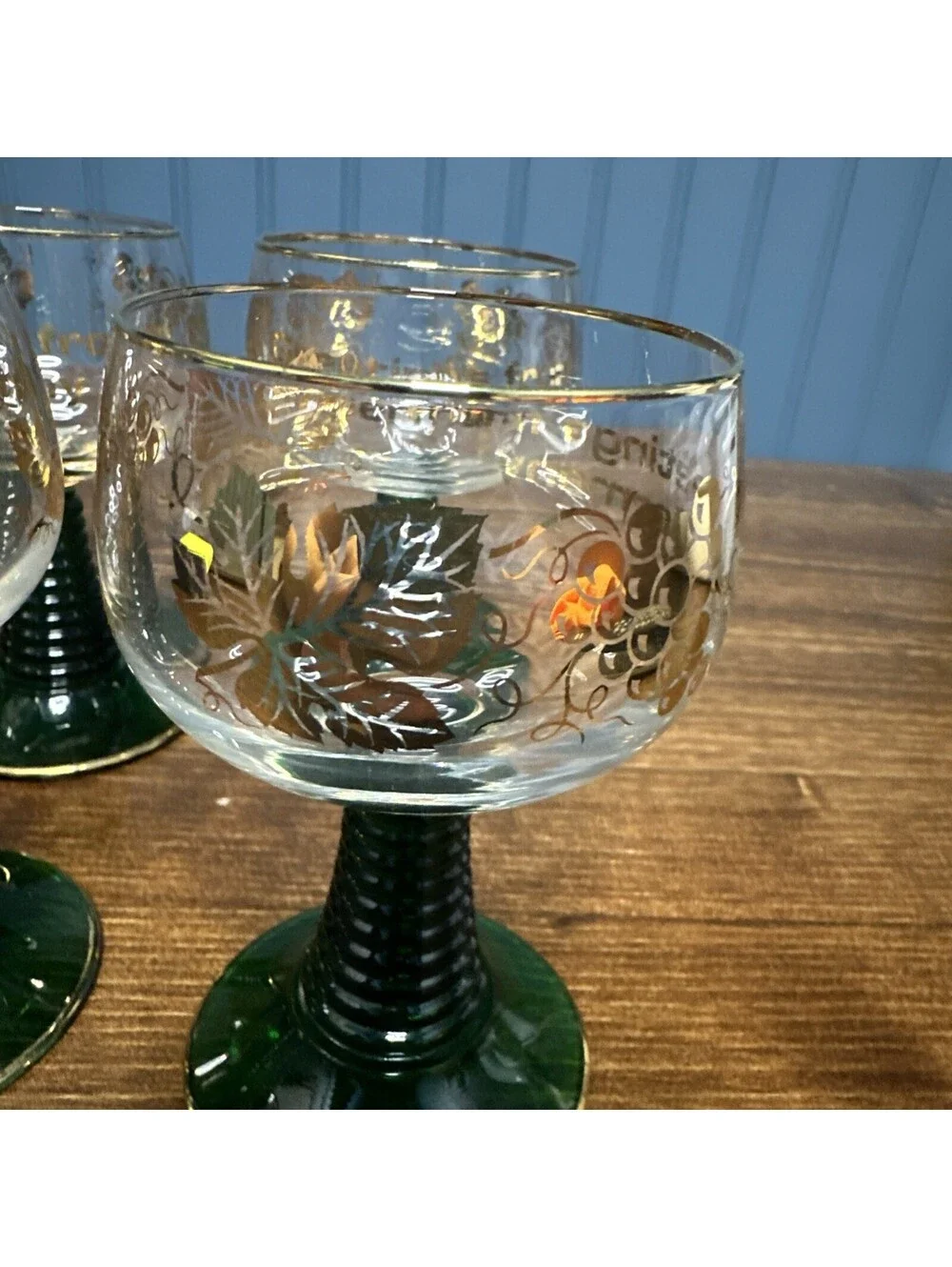 Vintage Greetings Germany Green Stem Gold Rim Wine Goblets Glasses Set of 6